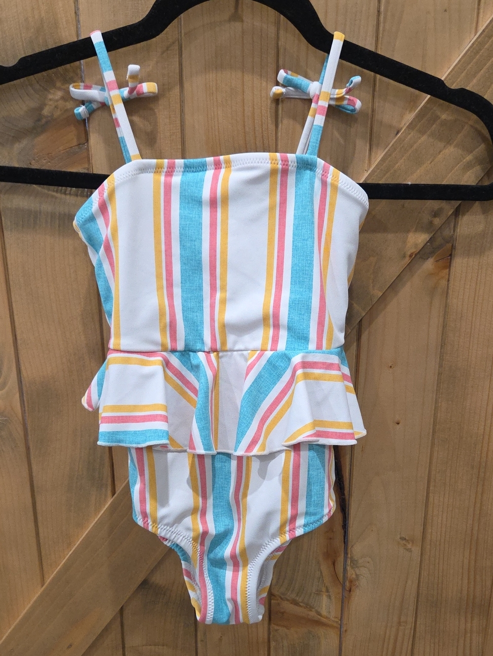 GB girls White Striped Peplum One-Piece Swimsuit with Blue, Pink & Yellow